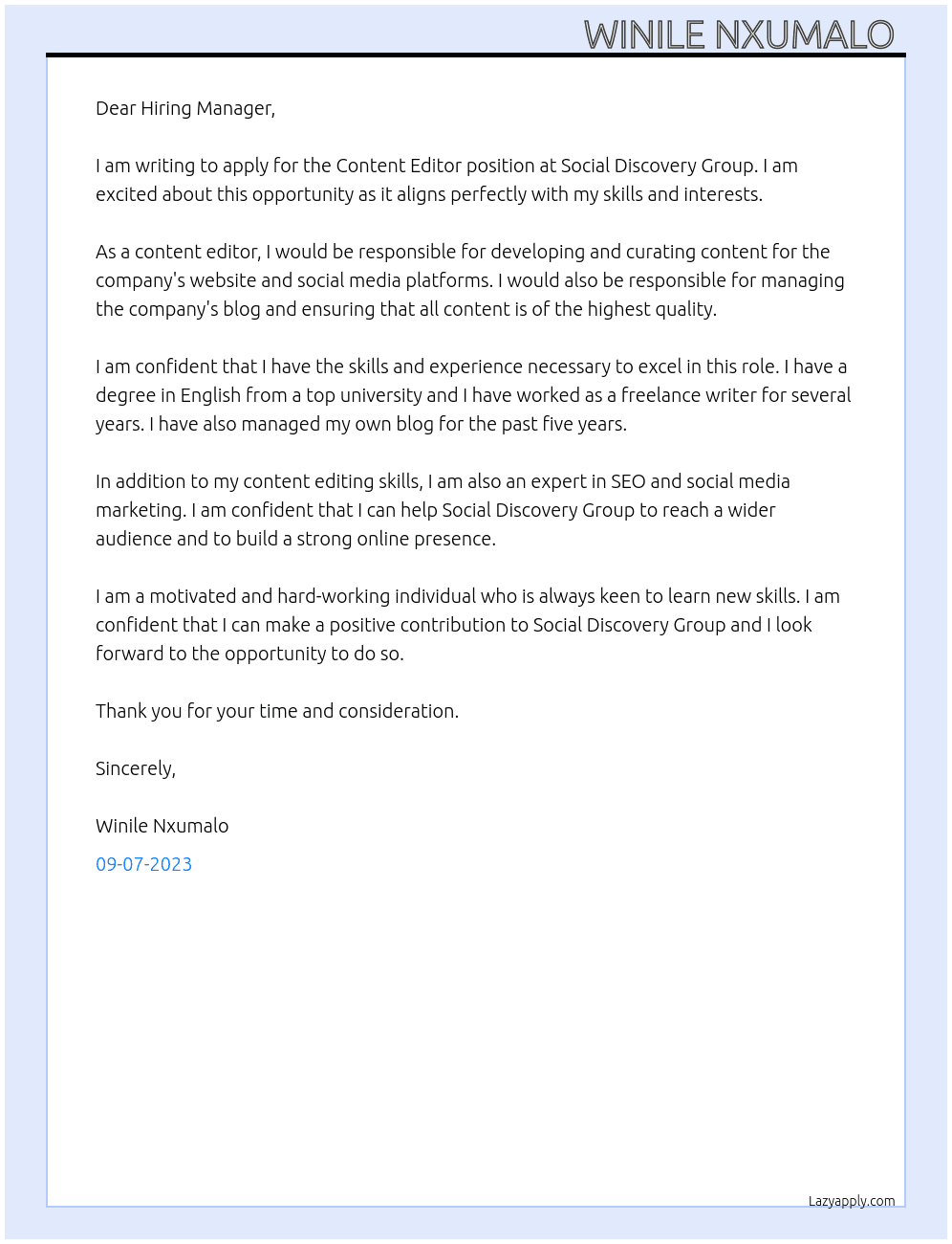Content Editor  At Social Discovery Group  Cover Letter