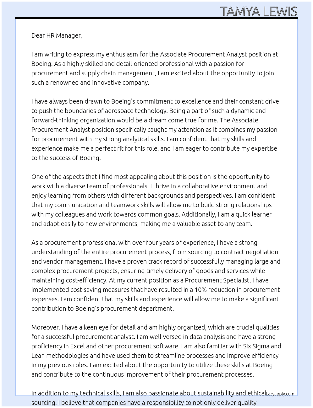 Associate Procurement Analyst At Boeing Cover Letter