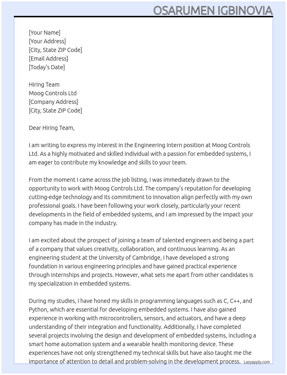 Cover letter for engineering intern - LazyApply
