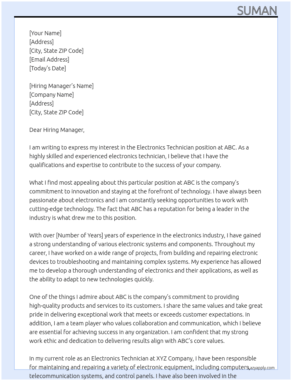 Electronics technician At Abc Cover Letter