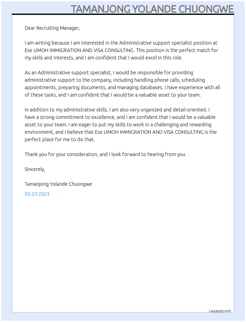 Administrative support specialist At Ese UMOH IMMIGRATION AND VISA CONSULTING Cover Letter