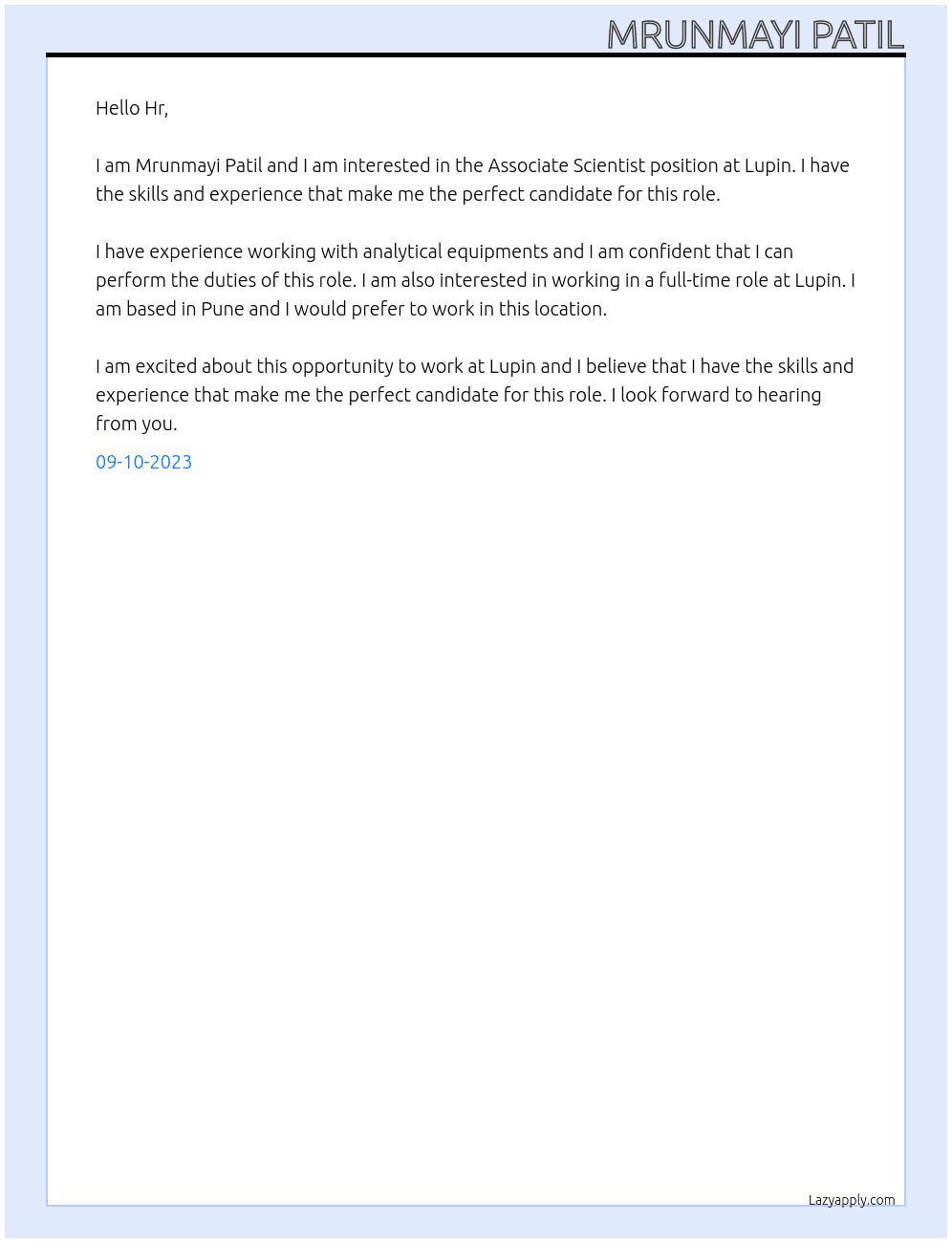 Associate Scientist At Lupin Cover Letter
