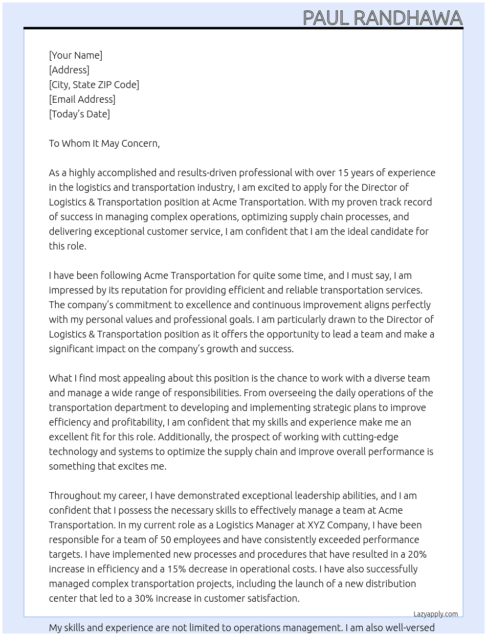 Director Logistics & Transportation At Acme Transportation Cover Letter