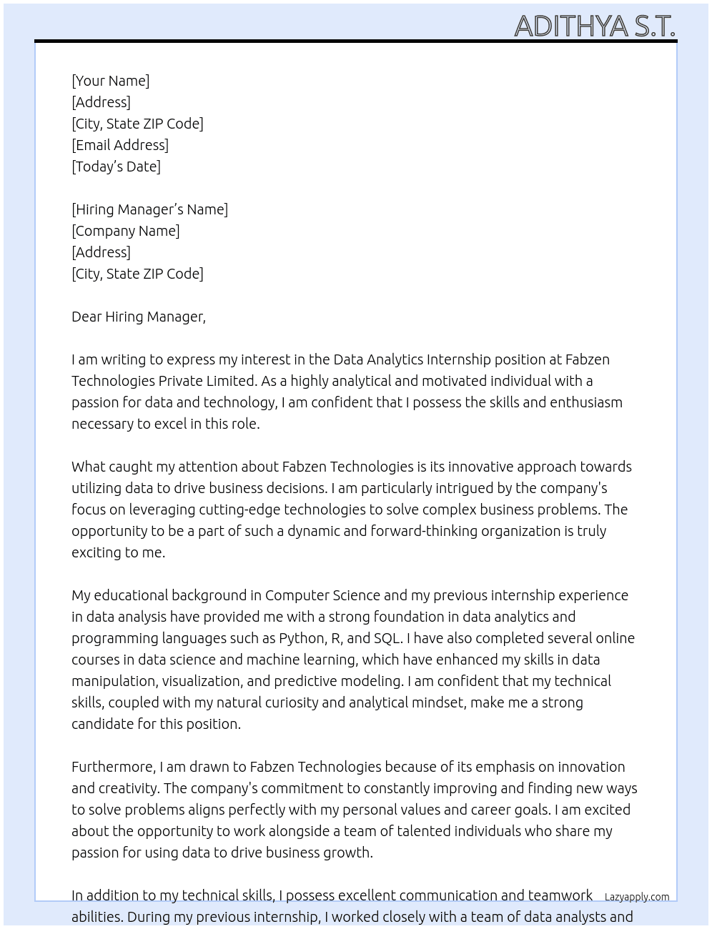 Data Analytics Internship  At Fabzen Technologies Private Limited  Cover Letter