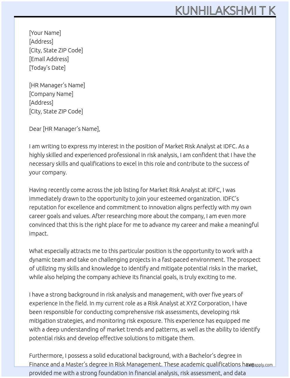 Market Risk analyst At IDFC Cover Letter