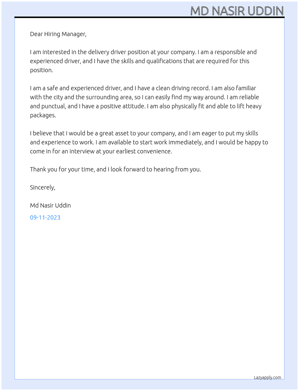 delivery driver At delivery driver Cover Letter