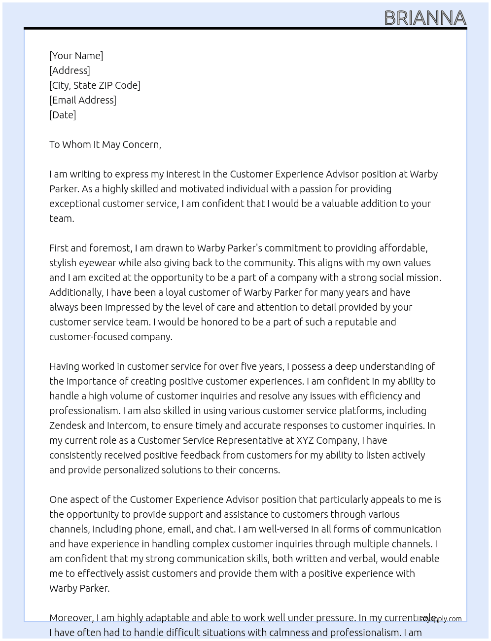 Customer Experience Advisor At Warby Parker Cover Letter