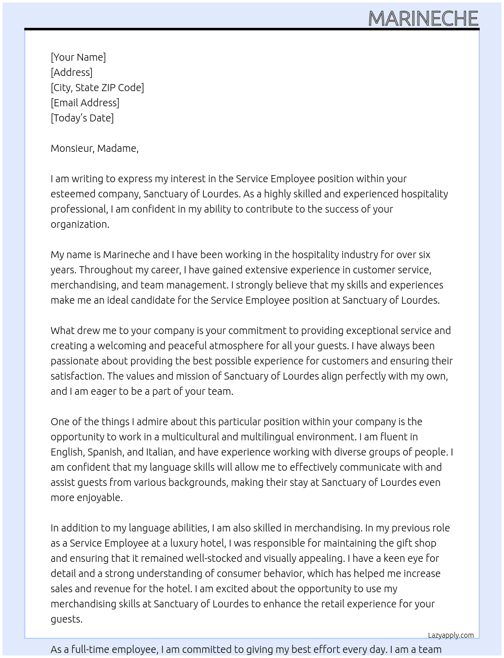 SERVICE EMPLOYEE, HOSPITALITY At Sanctuary of Lourdes  Cover Letter