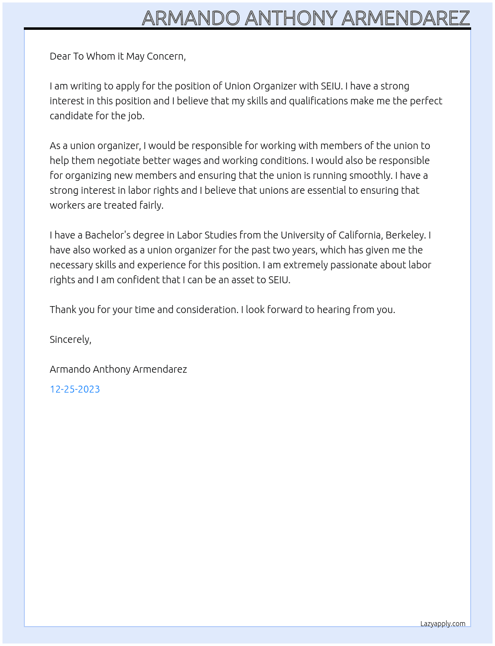 Union Organizer At SEIU Cover Letter