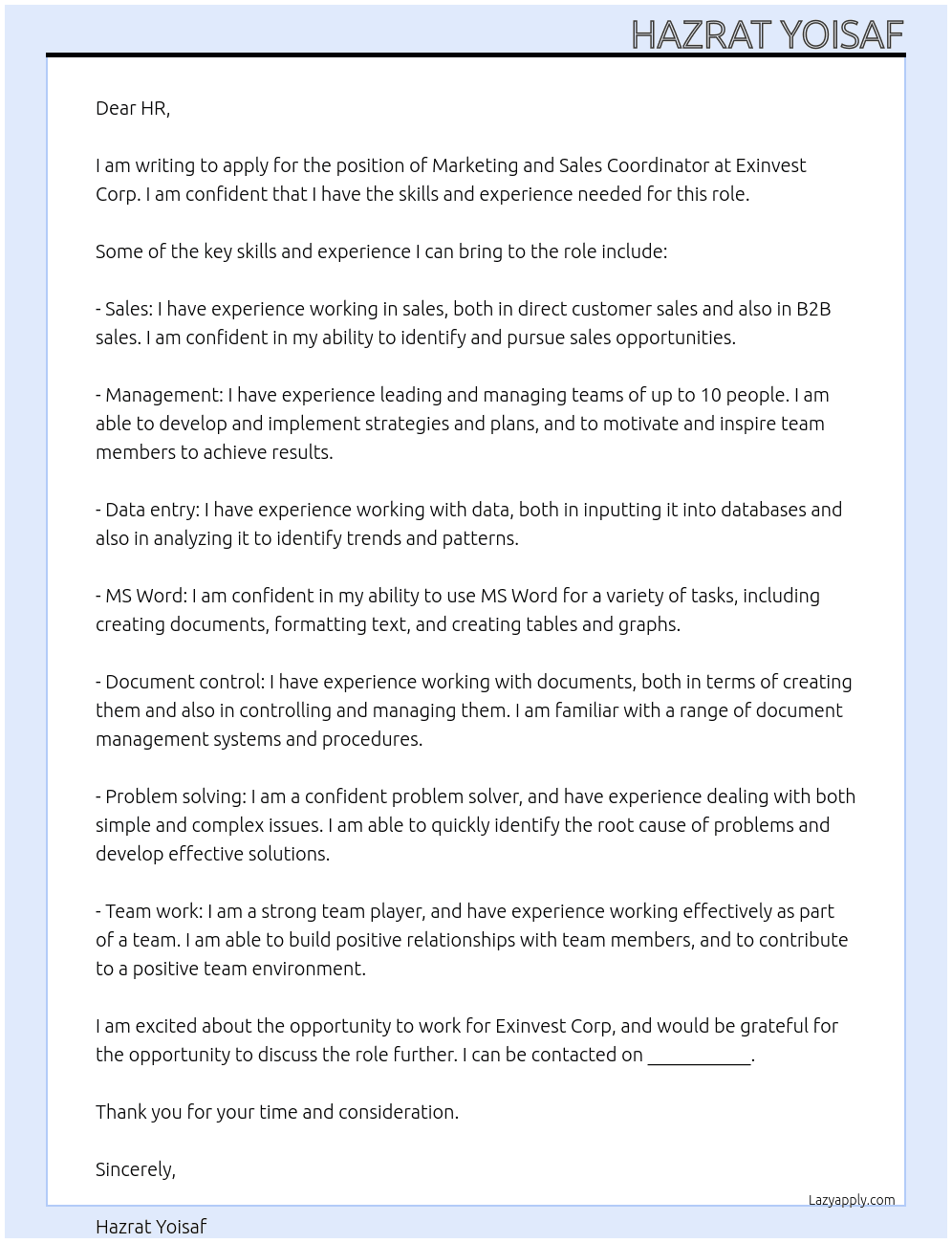 Marketing And Sales Coordinator At Exinvest Corp Cover Letter