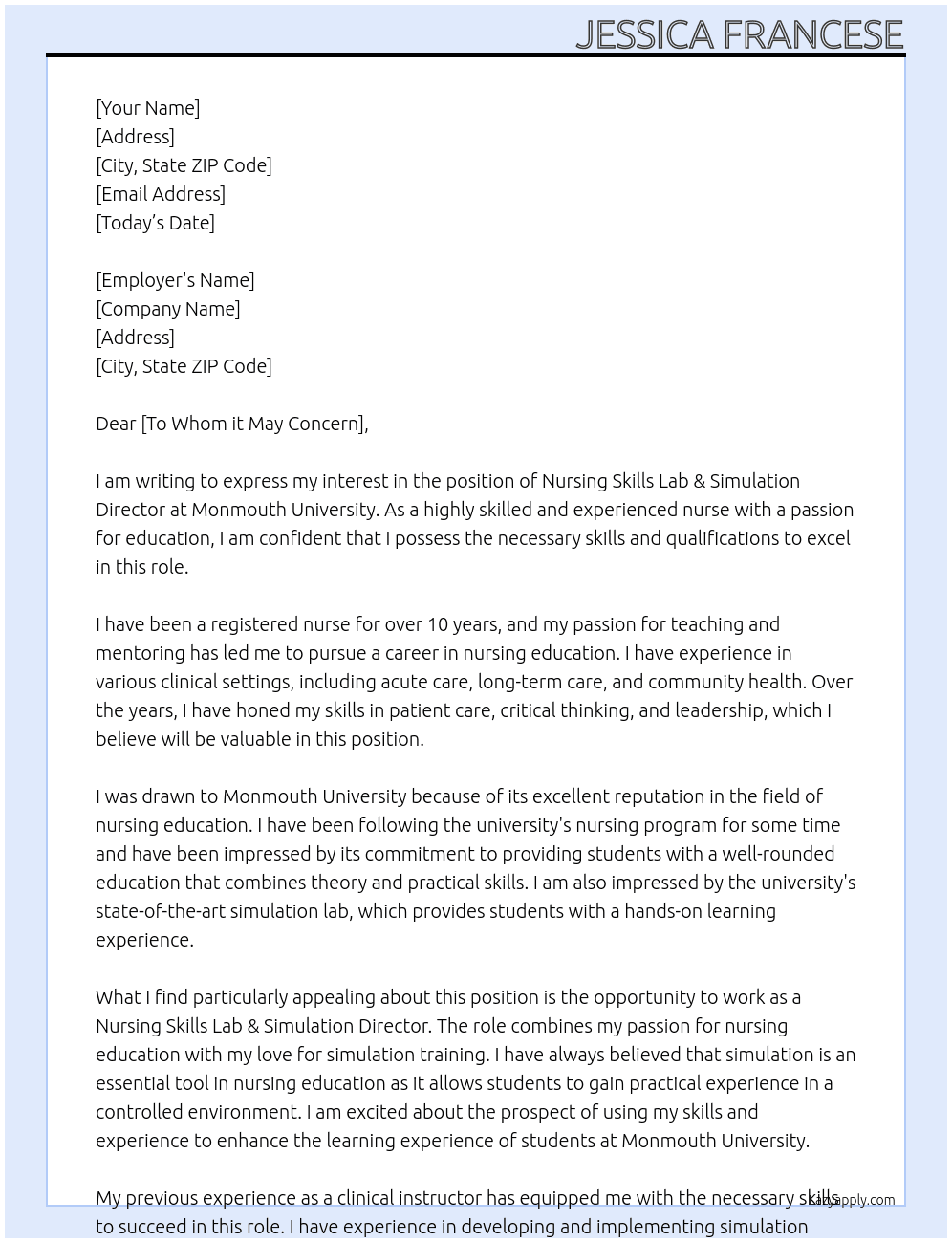 Nursing Skills Lab & Simulation Director At Monmouth University Cover Letter