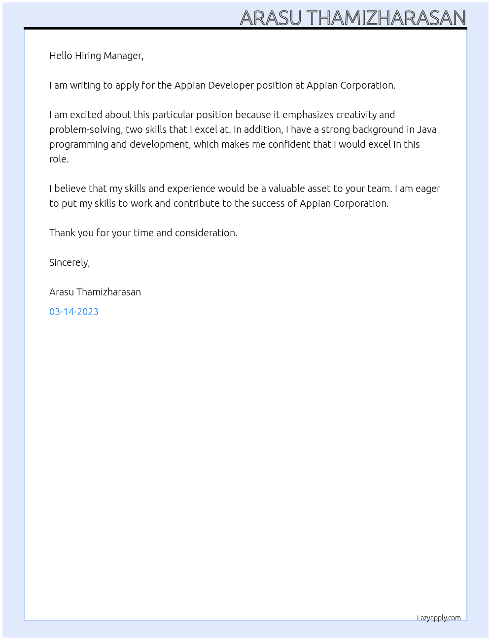 Appian devoloper At Appian corporation Cover Letter