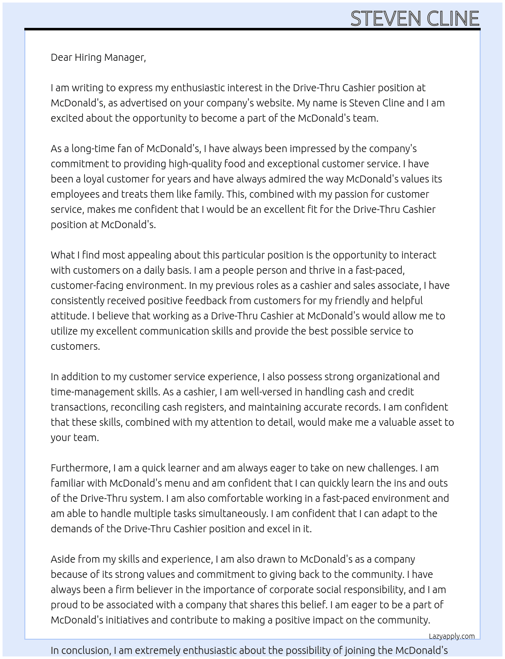 drive-thru cashier At mc donald's Cover Letter
