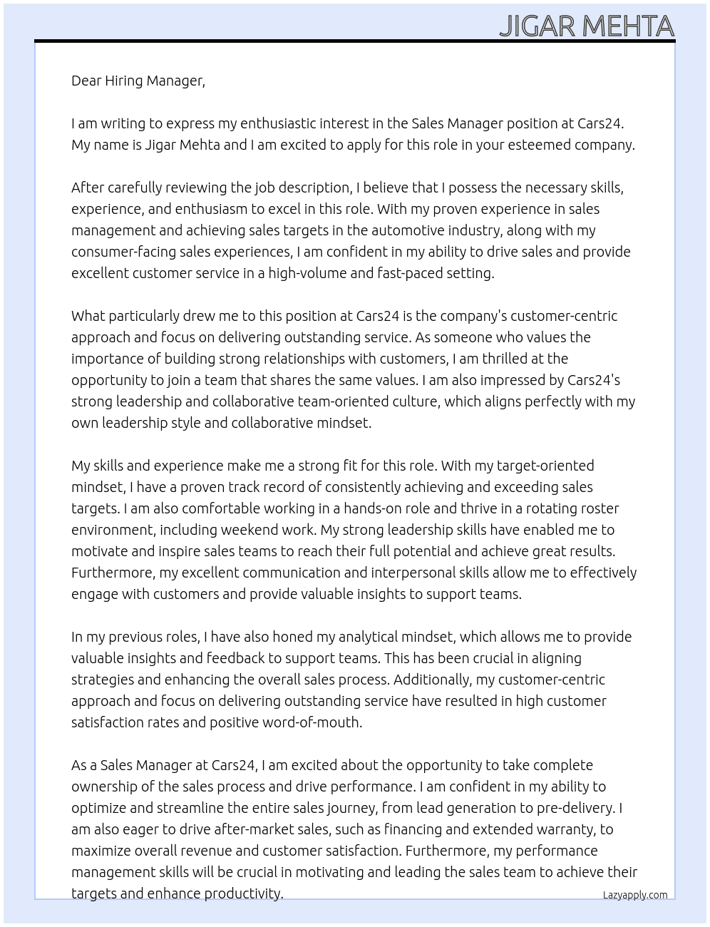 Sales Manager At Cars24 Cover Letter