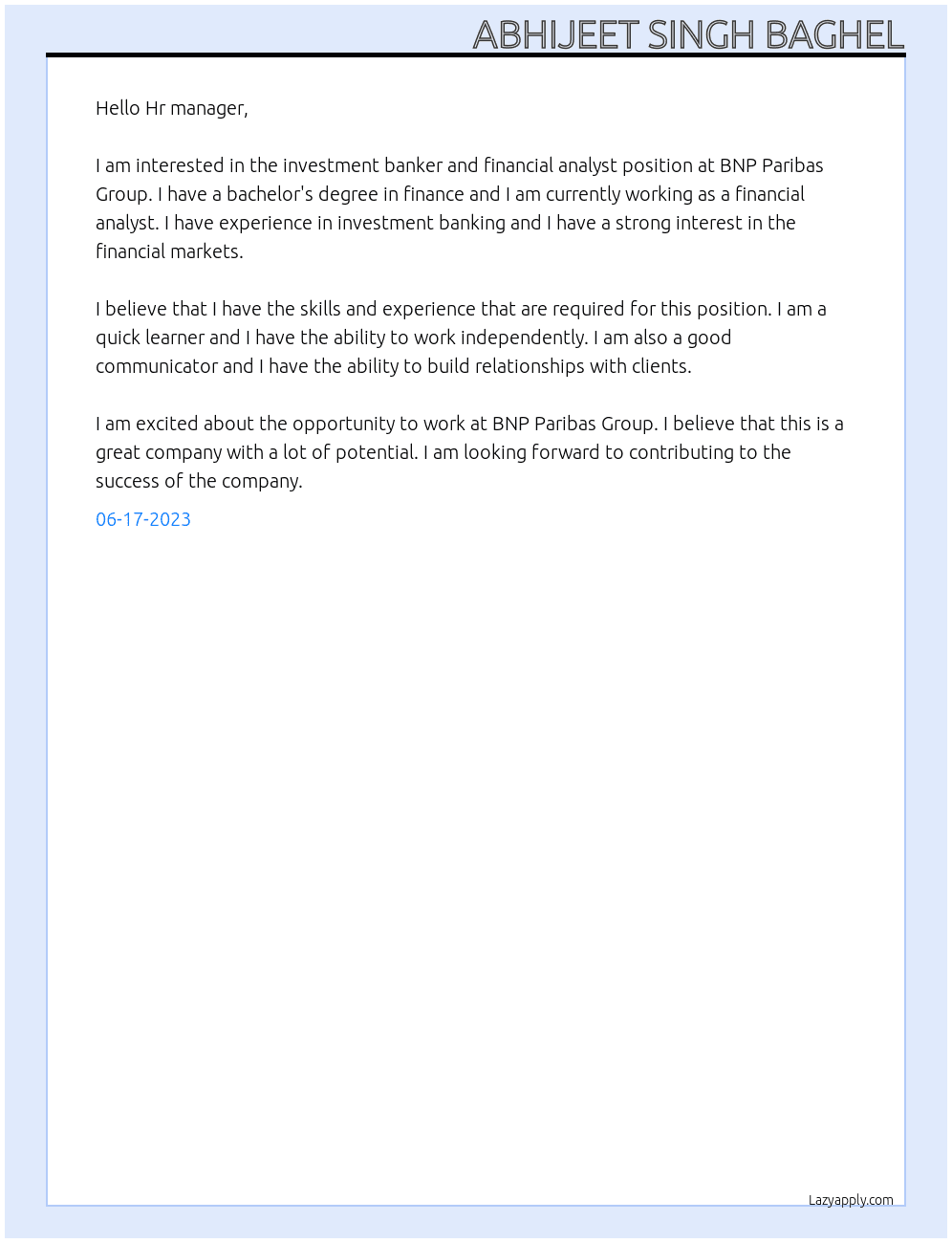 Investment banker and financial analyst At  BNP Paribas Group Cover Letter