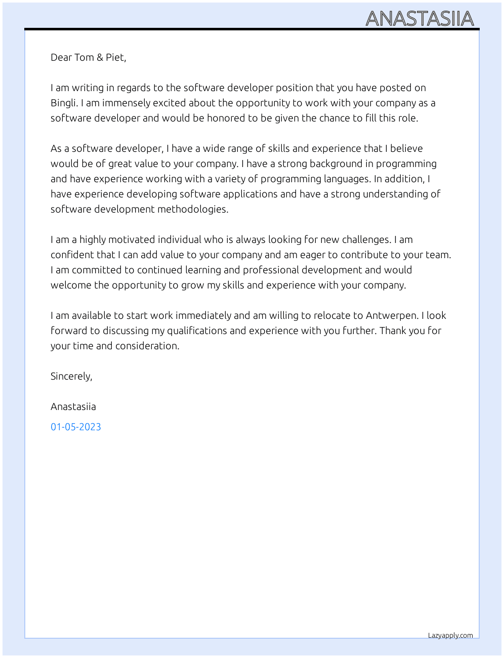 Software developer  At Bingli Cover Letter