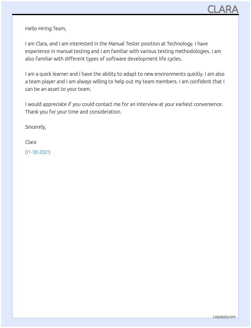 Manual tester At Technology Cover Letter
