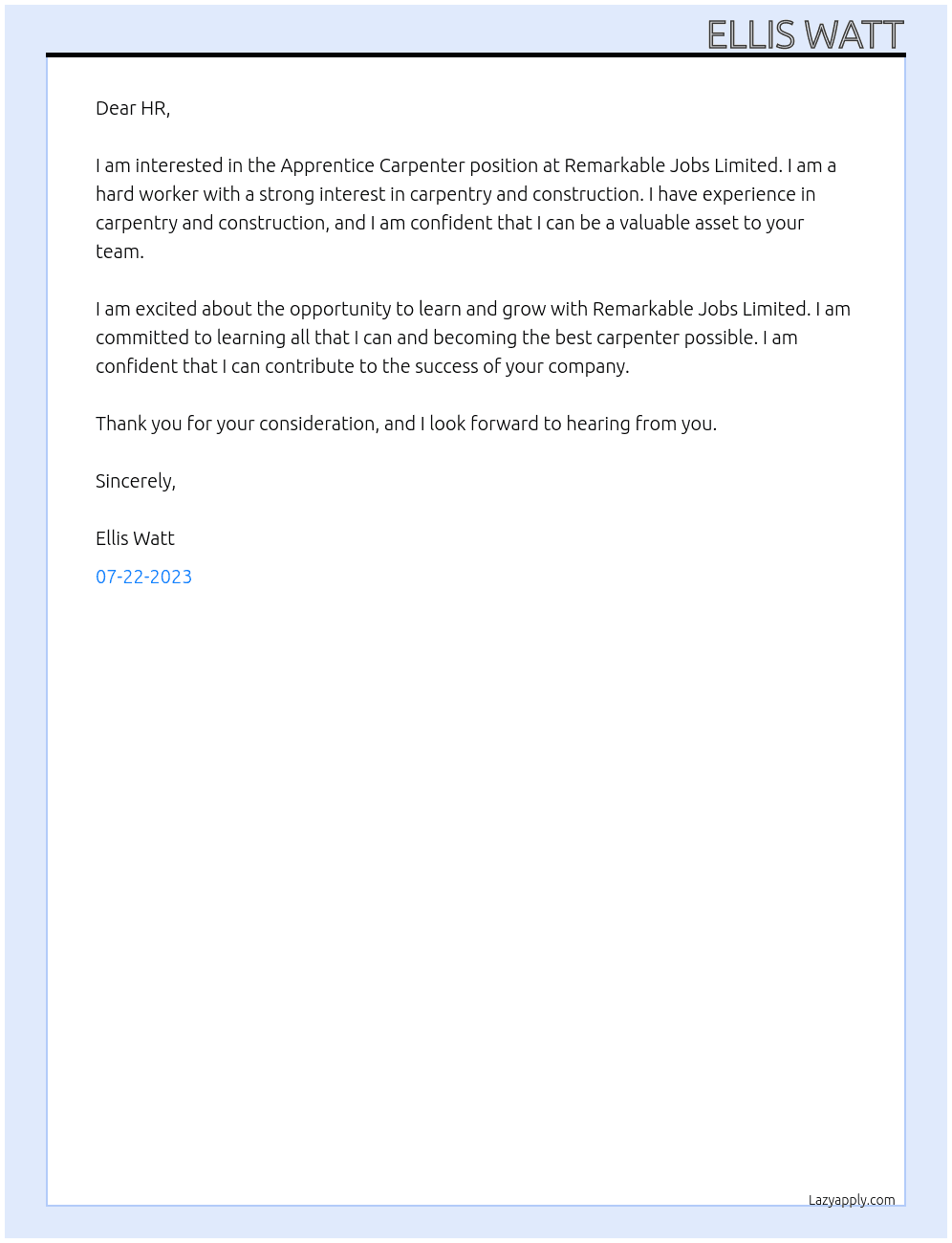 Apprentice Carpenter At Remarkable Jobs Limited Cover Letter
