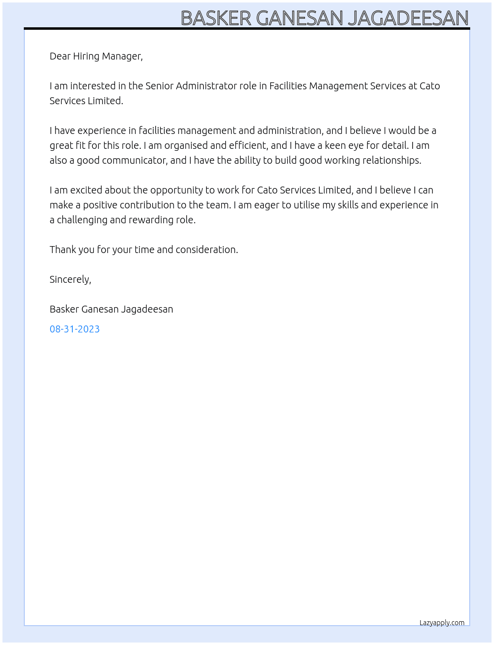 Senior Administrator Role - Facilities Management Services At Cato Services Limited Cover Letter