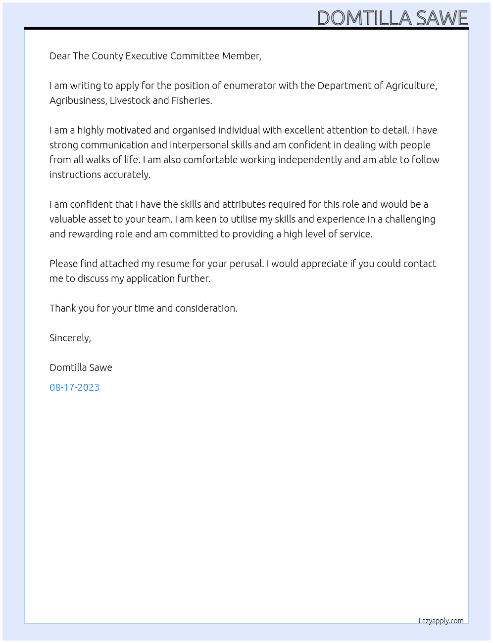 Enumerator At Department of Agriculture, Agribusiness, Livestock and Fisheries  Cover Letter