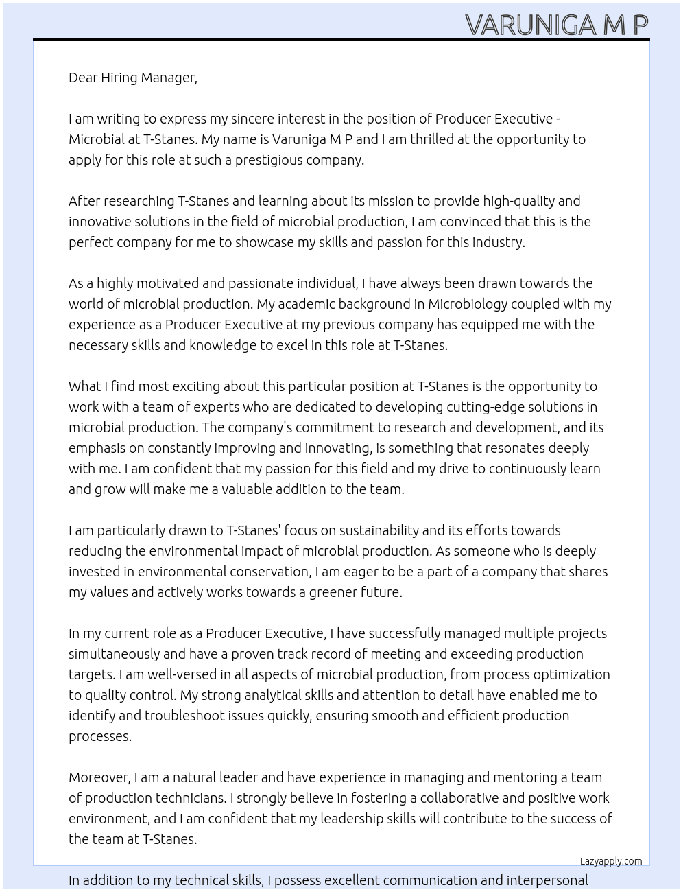 Producer excutive - Microbial At T-Stanes Cover Letter