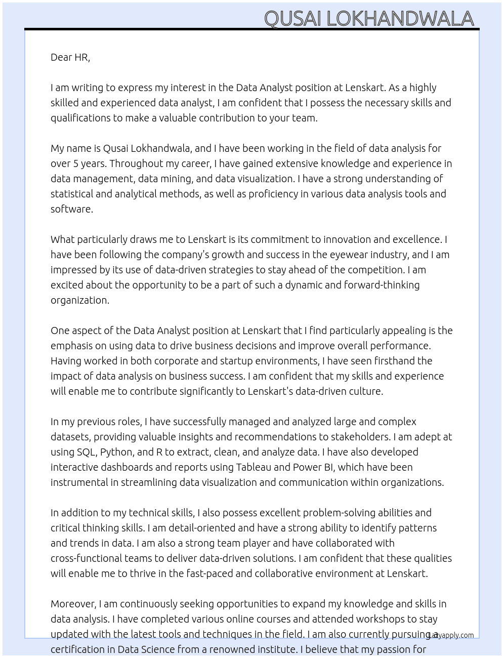 Data Analyst  At Lenskart Cover Letter