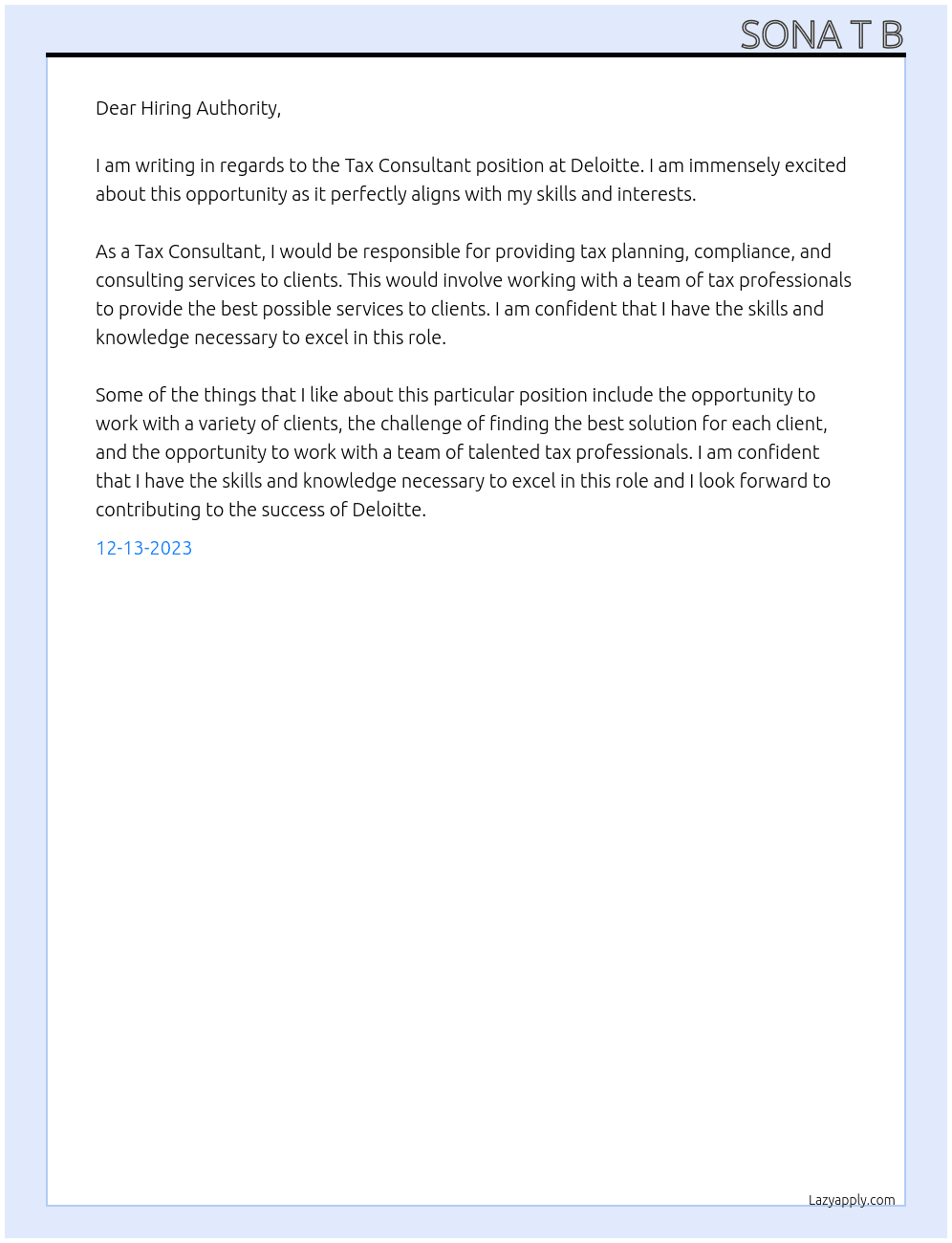 Tax Consultant At Deloitte Cover Letter