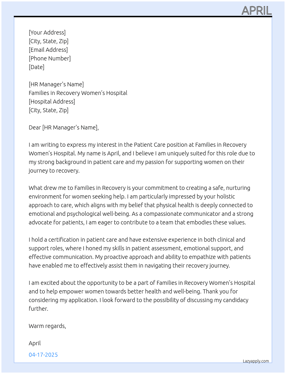 Cover letter for patient care - LazyApply