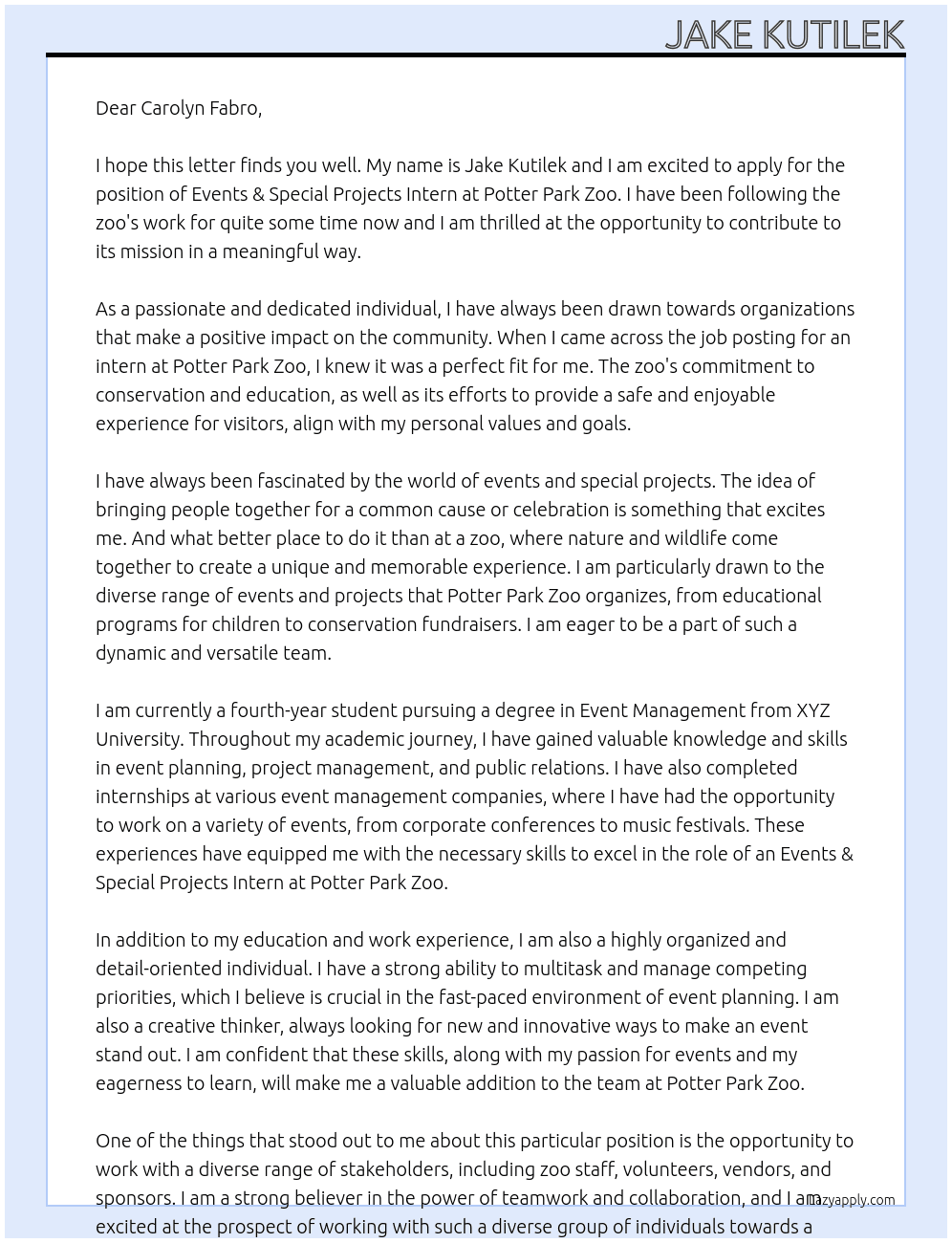 Events & Special Projects Intern At Potter Park Zoo Cover Letter