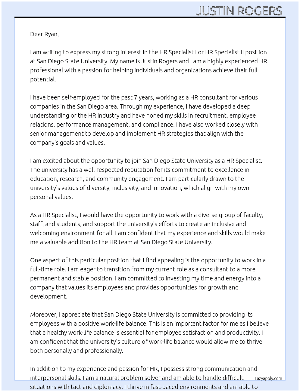 HR Specialist I or HR Specialist II  At San Diego State University Cover Letter