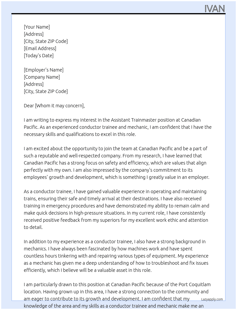 Assistant Trainmaster At Canadian Pacific Cover Letter