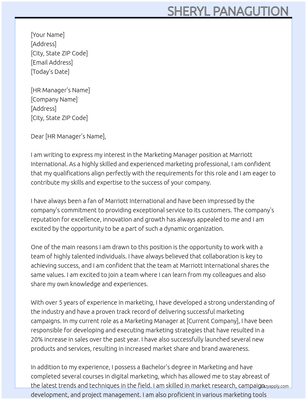 Marketing manager  At Marriott International  Cover Letter