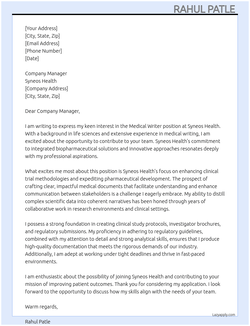 Cover letter for medical writter - LazyApply