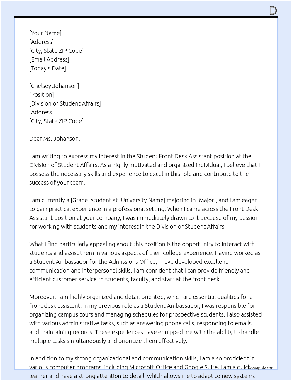 Student Front Desk Assistant At Division of Student Affairs  Cover Letter