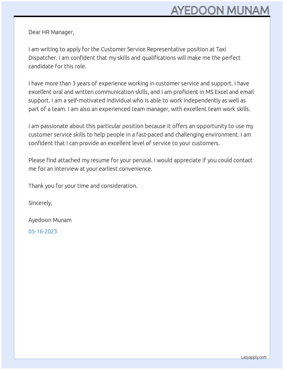 Customer Service Representative At Taxi Dispatcher Cover Letter