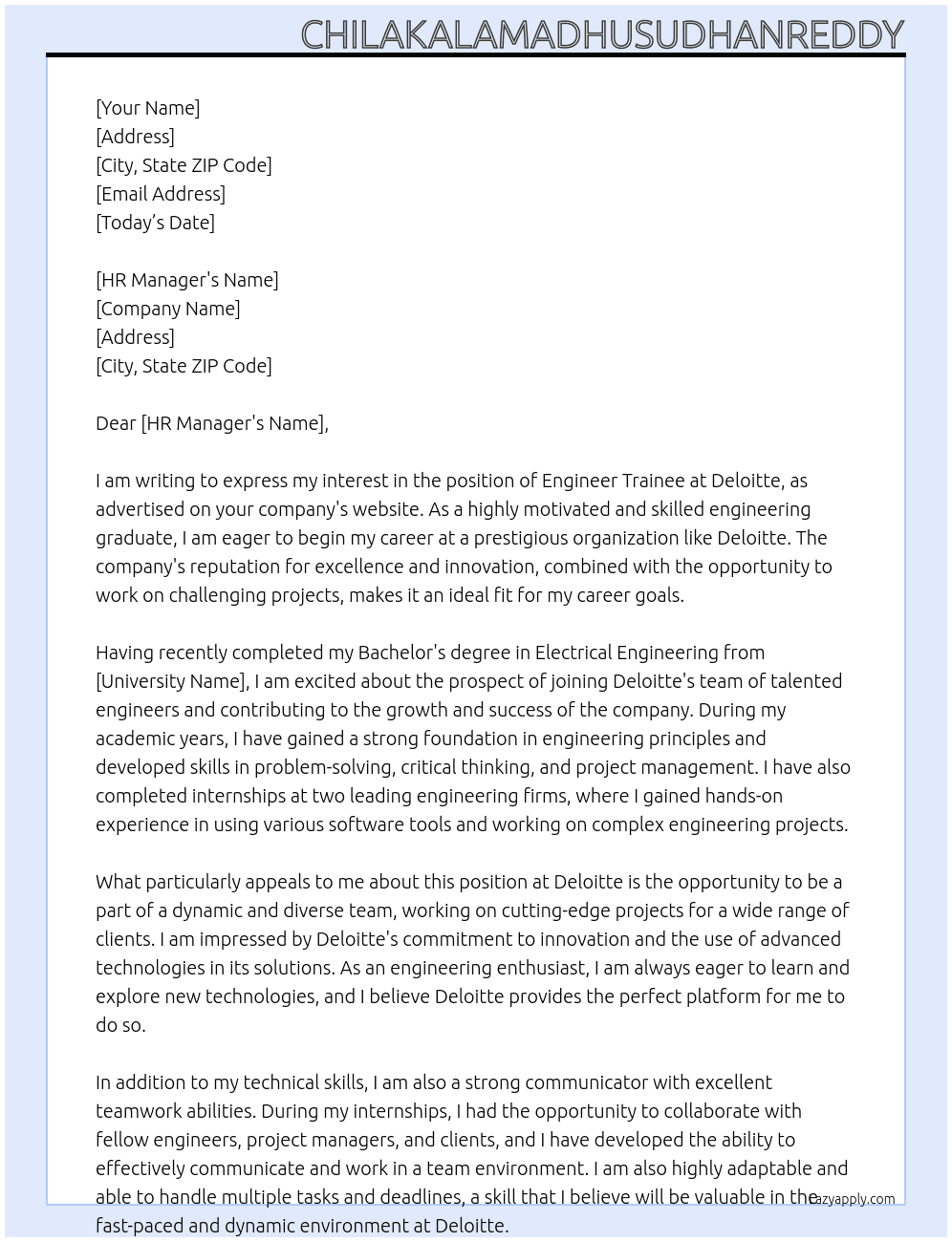 Engineer trainee At Deloitte Cover Letter