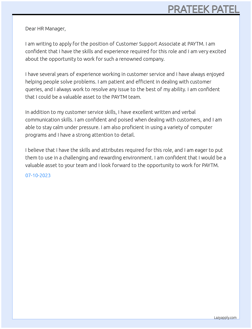 Customer Support Associate  At PAYTM Cover Letter