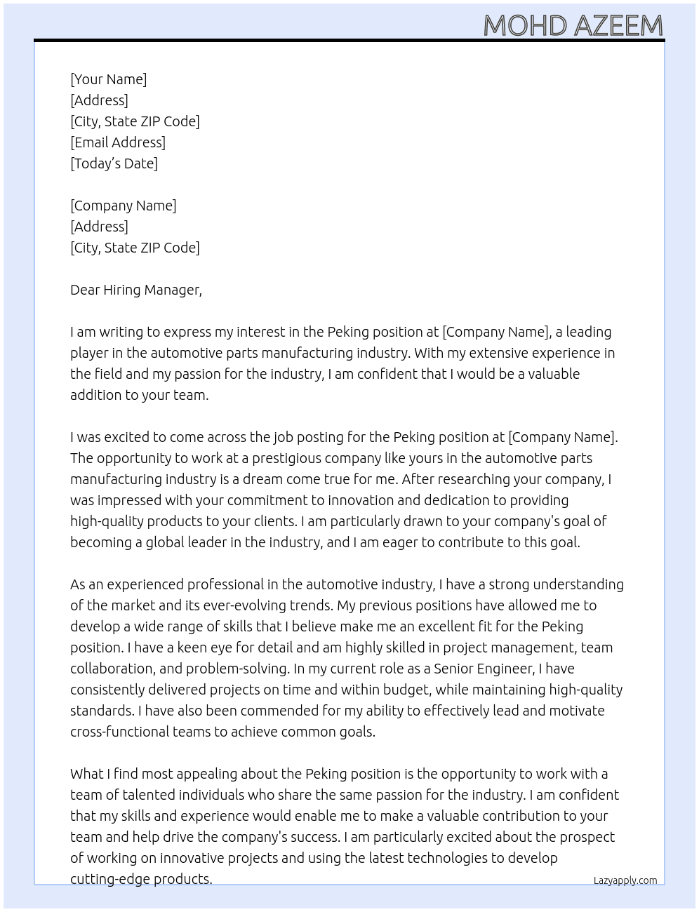 Peking At Automotive parts manufacturing industry  Cover Letter