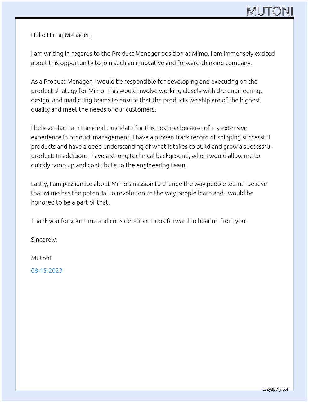 product manager At Mimo Cover Letter