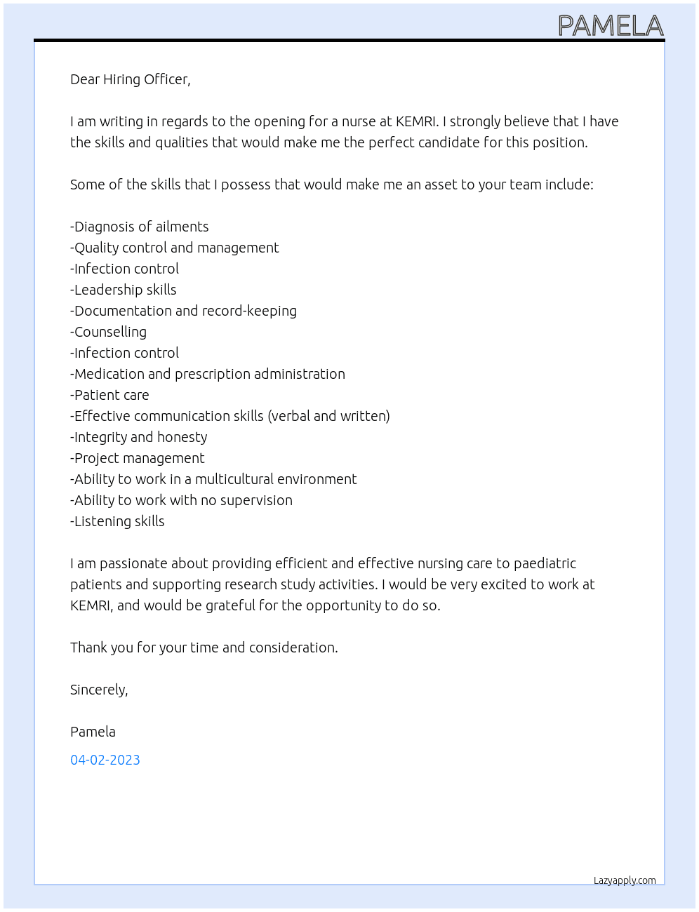 Nurse At KEMRI Cover Letter