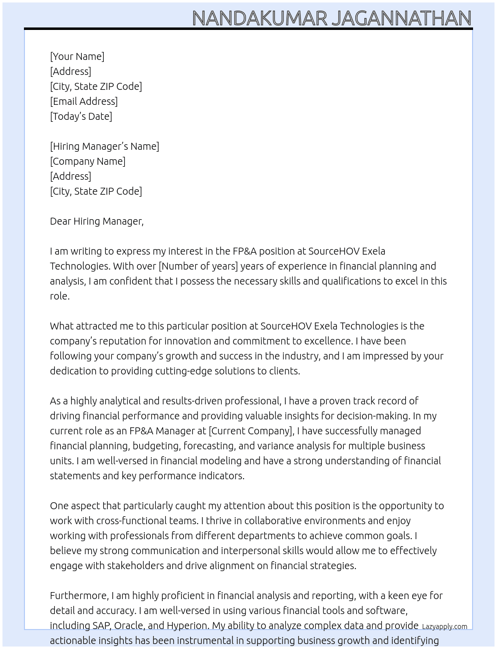 FP&A At SourceHOV Exela Technologies Cover Letter