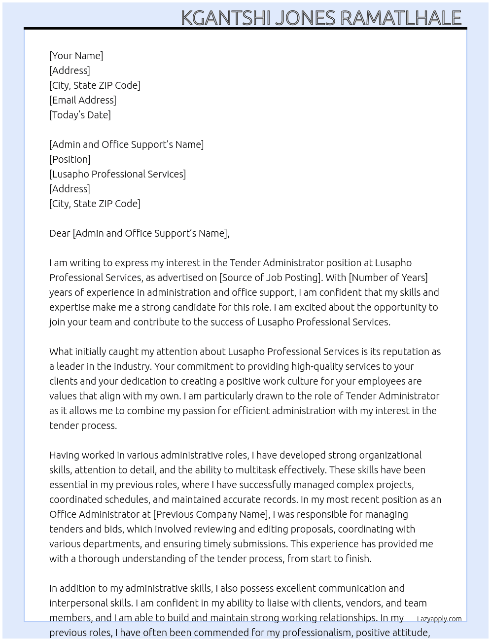 Tender Administrator At Lusapho Professional Services  Cover Letter