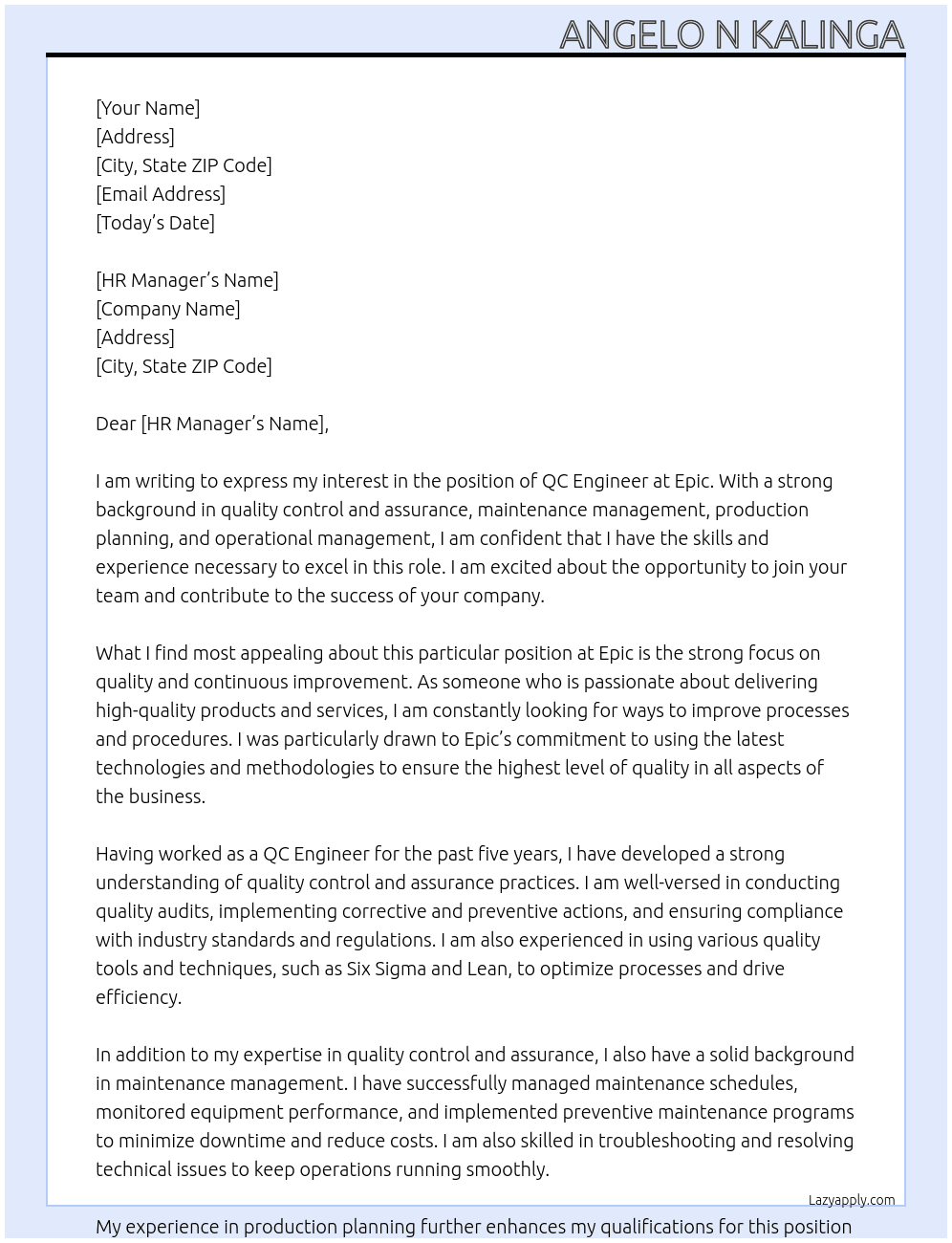 QC engineer  At Epic Cover Letter