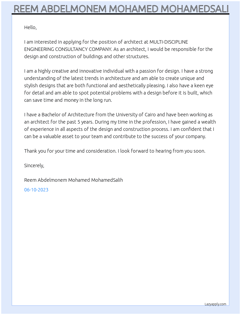 architect At MULTI-DISCIPLINE ENGINEERING CONSULTANCY COMPANY  Cover Letter