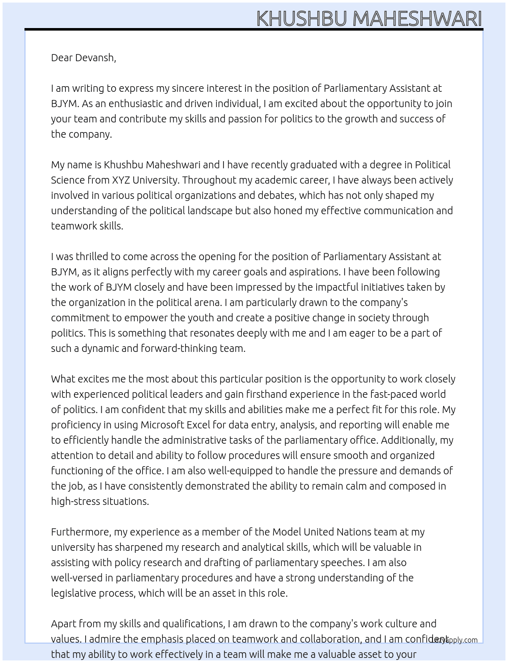 Parliamentary Assistant  At BJYM Cover Letter
