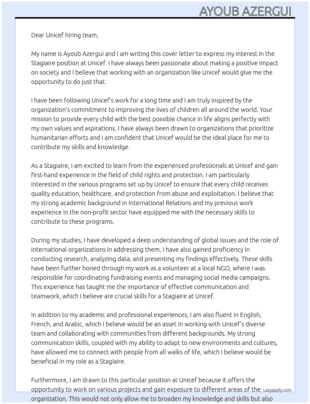 Stagiaire  At Unicef Cover Letter