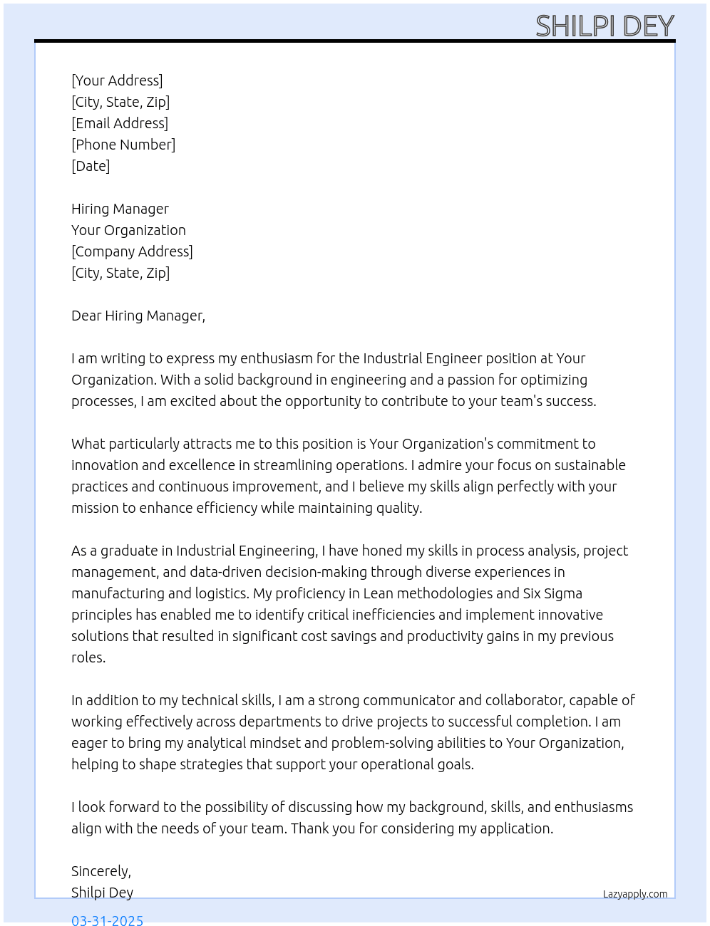 Industrial Engineer At your organization Cover Letter