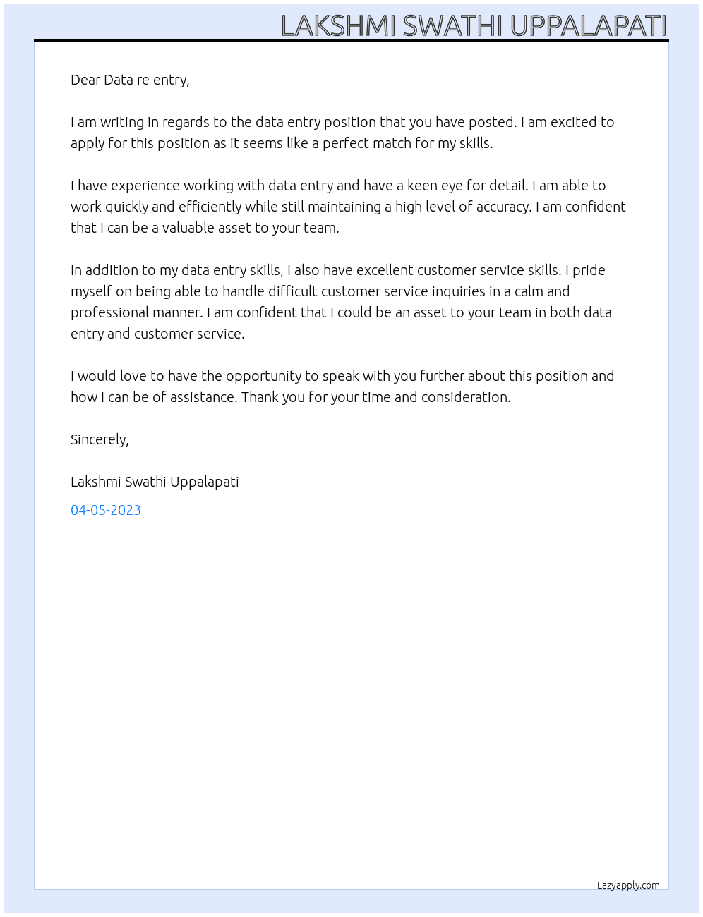Data entry At Data re entry Cover Letter
