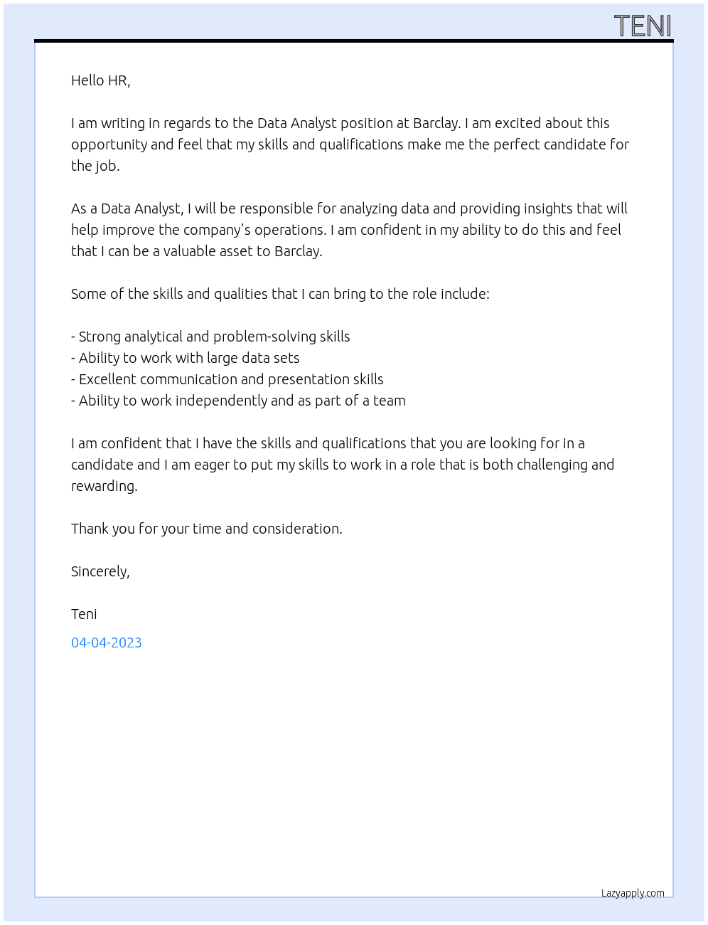 Data Analyst At Barclay Cover Letter