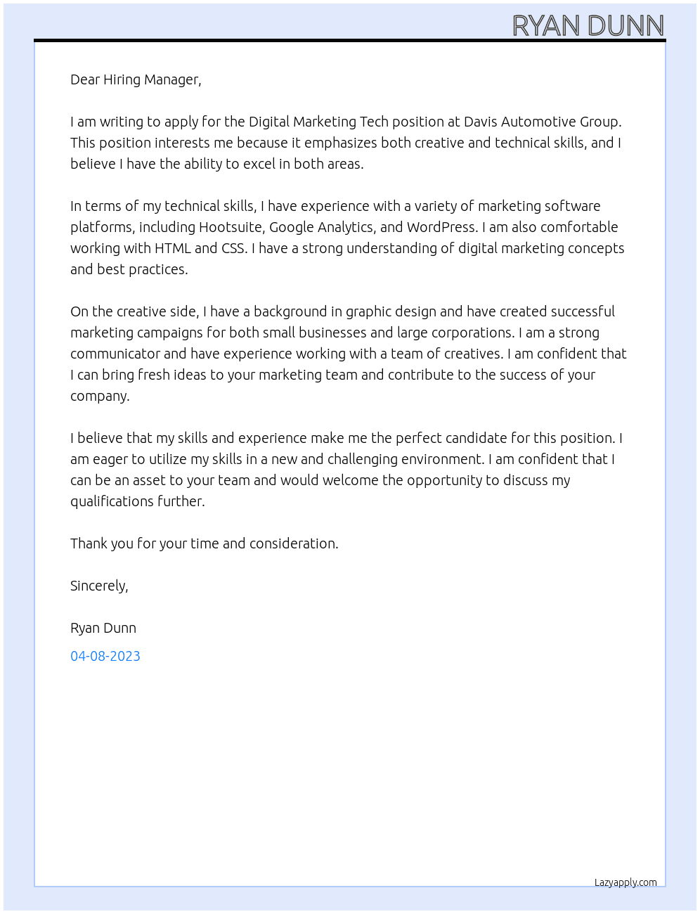Digital Marketing Tech At Davis Automotive Group Cover Letter
